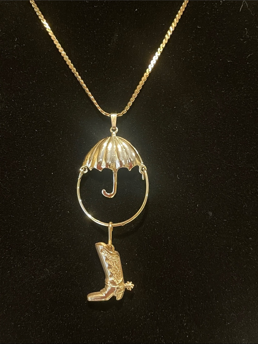 Gold-Tone Umbrella and Cowboy Boot Pendant Necklace - charm necklace from 70’s